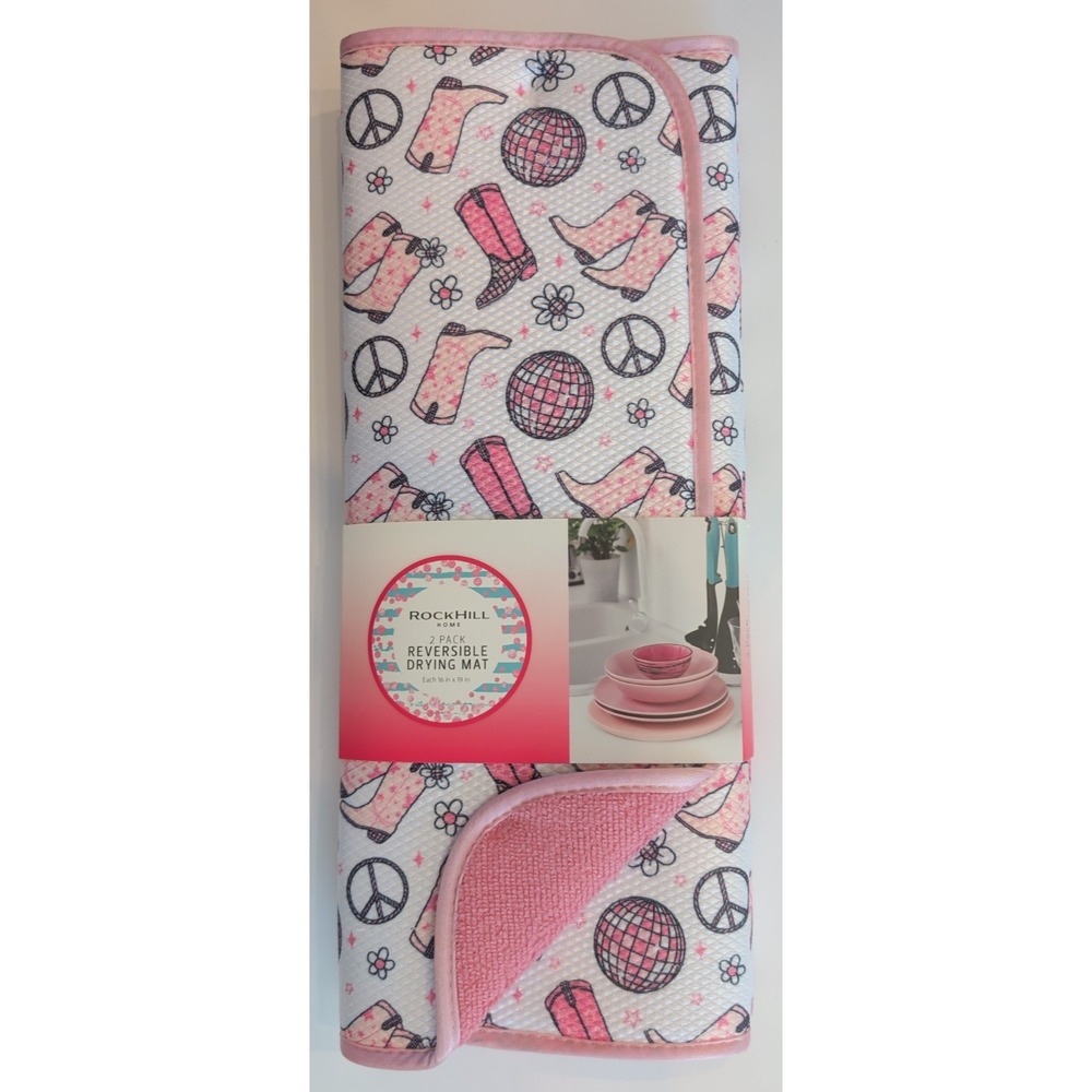 Rockhill Home 2 Pack Reversible 16 x 19" Drying Mat Pink Boots & Disco Balls
